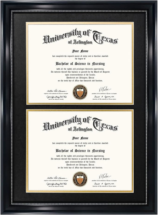 GraduationMall 14x20 Double Diploma Frame, Display 8.5x11 Certificate with Black over Gold Mat,Tempered Glass,Black with Silver Beads