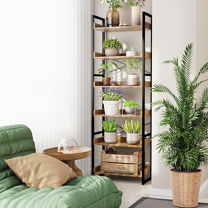 Luckyeestar 6-Tier Bookshelf, Industrial Bookcase, Office Shelf Storage Organizer, Free Standing Storage Shelving, Vintage Storage Rack, Metal Frame Display Rack for Living Room