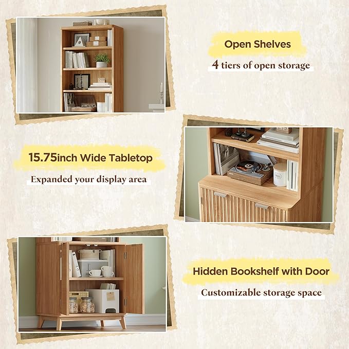 Tall Bookshelf, 6-Tier Bookcase with Fluted Doors & Adjustable Shelves, Mid-Century Cabinet, Modern Wooden Book Shelf for Home Office, Living Room, Kitchen, Light Oak