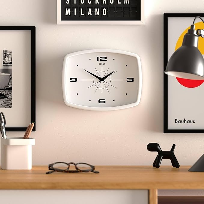 JONES CLOCKS® Movie Wall Clock | Retro Rectangular Clock | 10 inch | White | Cool mid-Century Designer Look for Kitchen, Living Room or Office