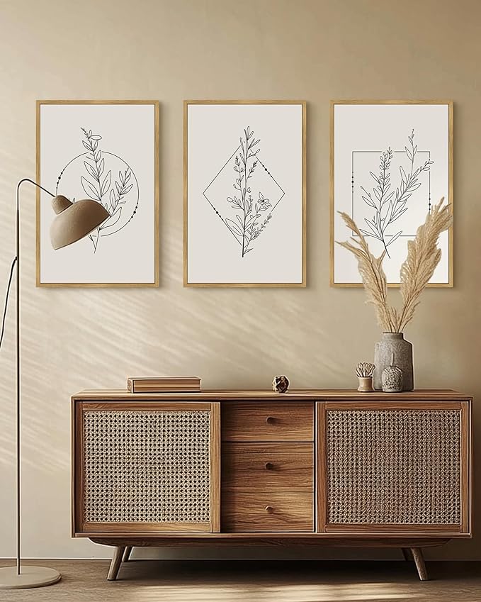 Drsoum Minimalist Flower Wall Art Vintage Wall Hanging Decor Black Line Botanical Prints Artwork for Bedroom Living Room Hallway 16x24in Natural Framed