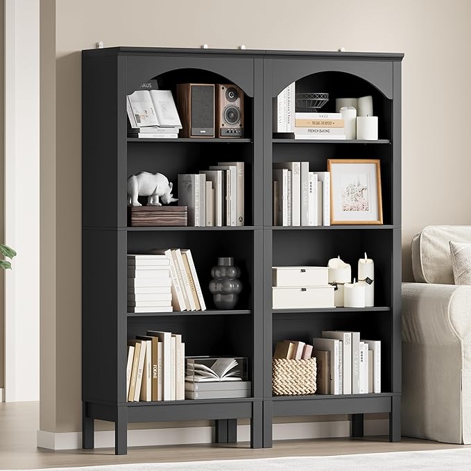 Arched Bookshelf with 4 Tier Open Shelves, 56" Tall Wood Bookcase with Adjustable Shelves, 24" Wide Floor Standing Display Storage Shelf for Home Office, Kitchen, Study and Living Room, Modern Black