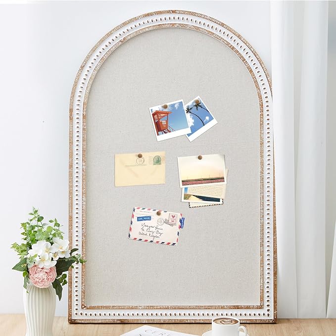 Vintage Framed Pin Board Linen Display Bulletin Board Large Cork Fabric Picture Photo Pinboard Memo Ornate Decorative Pinboard Ornate for Wall Gift(Arch,24" X 36",Boho White)