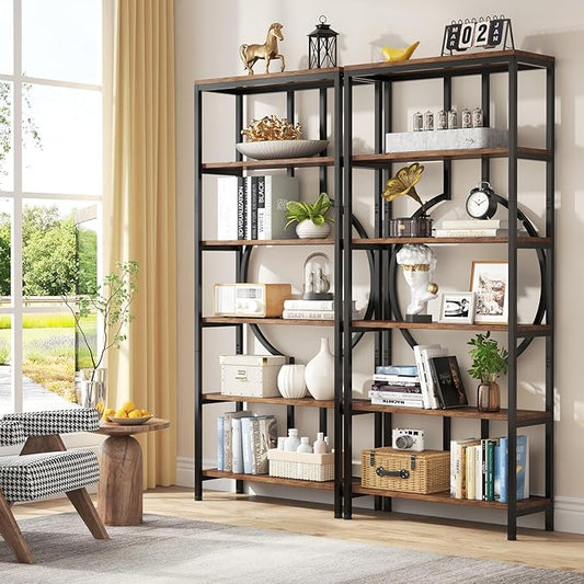 Tribesigns 70.9 Inch Industrial Bookshelf, 6-Tier Tall Etagere Bookcase with Open Shelves, Metal Decorative Book Shelf Storage Shelving Unit for Living Room and Home Office, Rustic Brown 2PCS