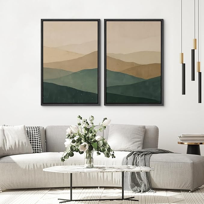 SIGNWIN Framed Canvas Print Wall Art Set Green and Beige Abstract Mountain Landscape Illustrations Modern Art Minimal Boho Relax/Calm for Living Room, Bedroom, Office - 24"x36"x2 Black