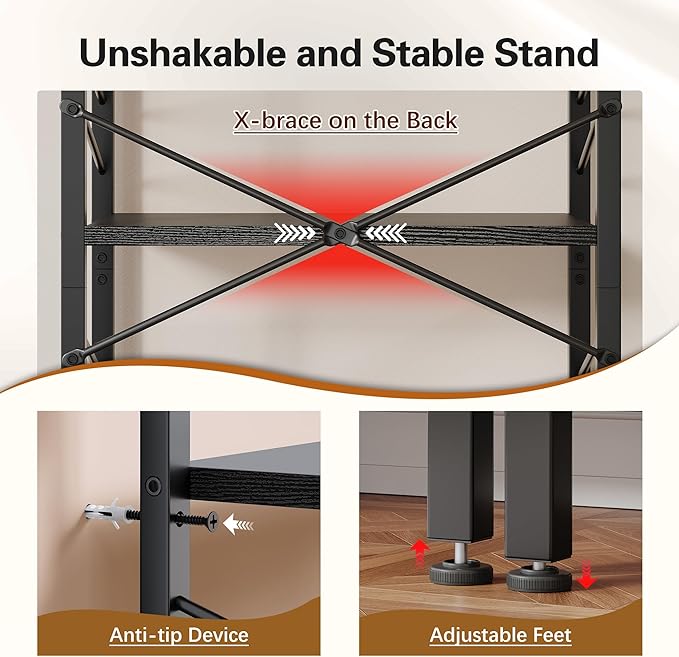 5 Tier Bookshelf, Industrial Tall Bookcase, Modern Display Book Shelf with Metal Frame and Sidebars for Bedroom, Living Room and Home Office, Black