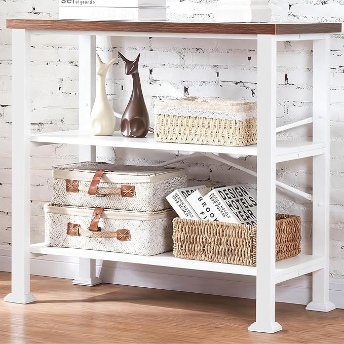 HOMBAZAAR 3 Tier Bookshelf,White Brown Industrial Book Shelf,Engineered Wood and Metal Small Bookcases,Low Shelf Bookcase for Living Room,Office,Bedroom and Kitchen
