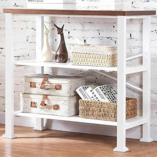 HOMBAZAAR 3 Tier Bookshelf,White Brown Industrial Book Shelf,Engineered Wood and Metal Small Bookcases,Low Shelf Bookcase for Living Room,Office,Bedroom and Kitchen