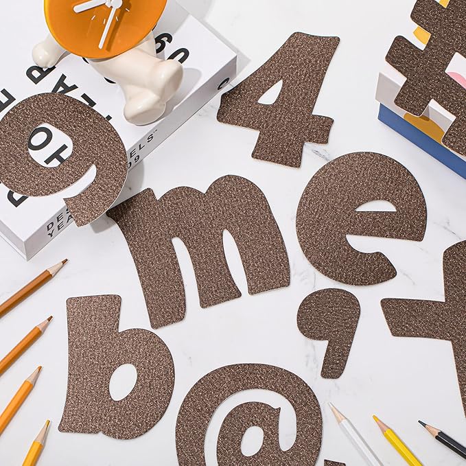 Colarr 216 Pcs Glitter Bulletin Board Letters for Classroom Number Alphabet Punctuation Symbol Cutout 4'' Die-Cut Poster Letter with Adhesive Dot School Party Holiday Decor Display(Brown)