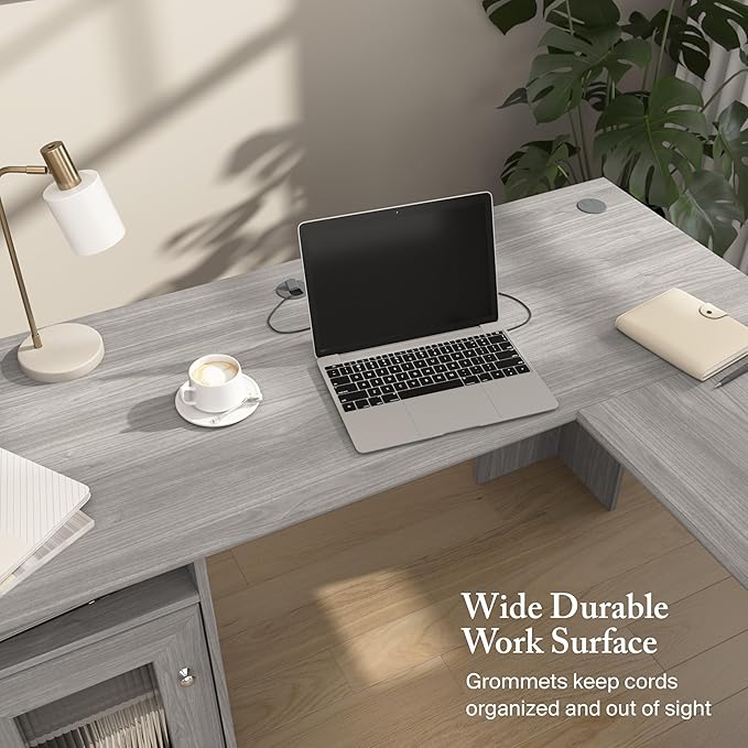 Bush Home Cabot 60W L Shaped Computer Desk with Storage in Modern Gray, 60-inch Corner Table with Drawers for Home Office Workspace