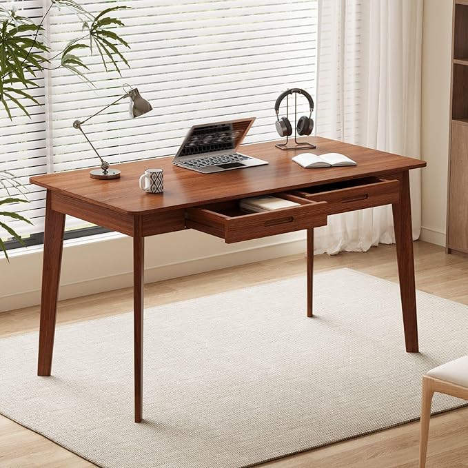 47 Inch Compact Computer Gaming Desk, Study Work Office Desk with 2 Storage Drawers, Rectangular Study Reading Table, Simple Computer Writing Table for Home Office, Living Room,Walnut Color
