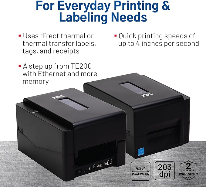 TSC TE210 Desktop Thermal Label Printer for Postage, Shipping Tags, Receipts, Barcodes, Retail, Small Business, School, Home Office, and Stickers, USB, Ethernet, Serial, 4 Inch Width
