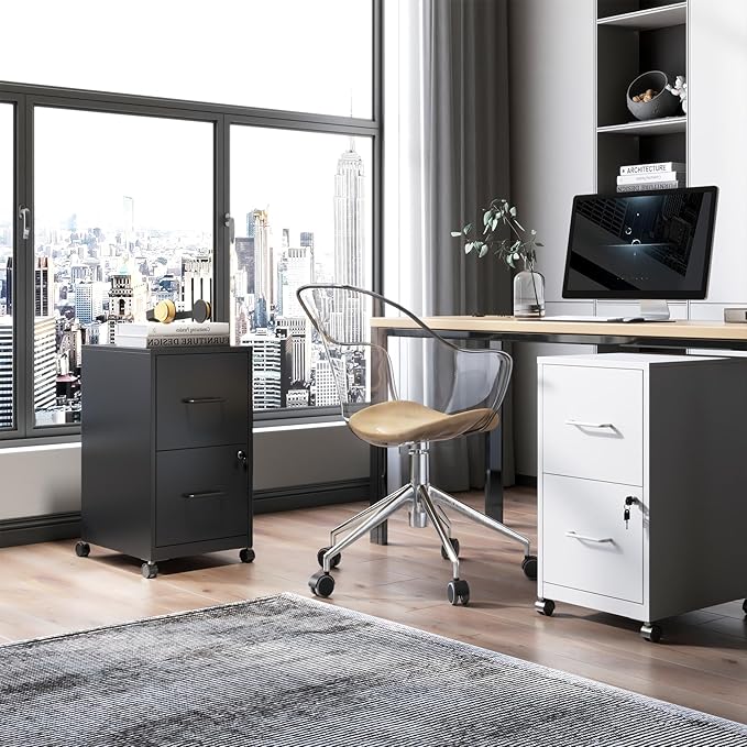 2 Drawer Mobile File Cabinet with Lock and Wheels, Small Vertical Under Desk Steel Rolling Storage Cabinet for Home Office Legal/Letter/A4 Files, Assembly Required (Black)