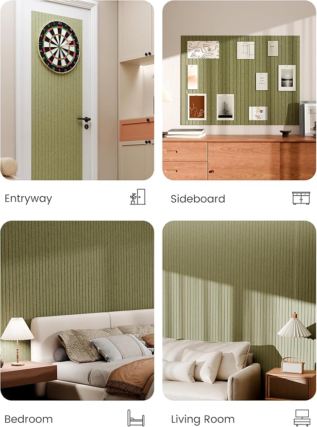 Bumusty Large Cork Board Alternative-48 x 36" Felt Bulletin Board Tiles, with 30 Pushpins, 70 Adhesive Tabs, 12-Pack Slat Wall Paneling, Cork Boards for Office Push Pin Board Felt Board-Olive Green
