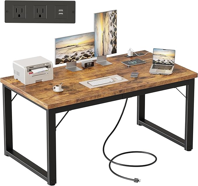 Mericonia 48 Inch Computer Desk with Power Outlets, 1.2" Thick Heavy Duty Industrial Office Desk, Modern Simple Study Writing Table for Home Bedroom Workstation, Brown