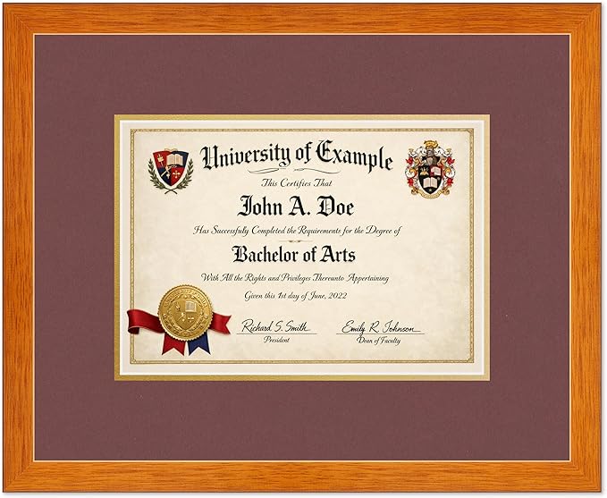 CountryArtHouse Diploma Frame Fits 11.69 x 8.27 A4 Certificate - Keepsake Graduation Display Honey Oak Genuine Hardwood with Dark Red Over Metallic Gold Double mat