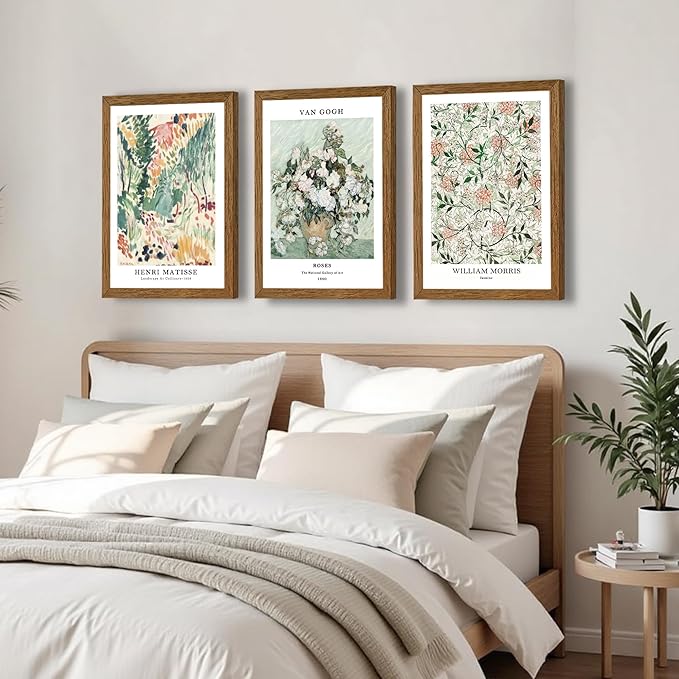 InspiredHues Matisse Van Gogh Morris Canvas Wall Art Set of 3, Sage Green Beige Neutral Flower Wall Decor, Vintage Botanical Art Prints for Living Room Bedroom Office Home Decoration 16x24 Wood Framed