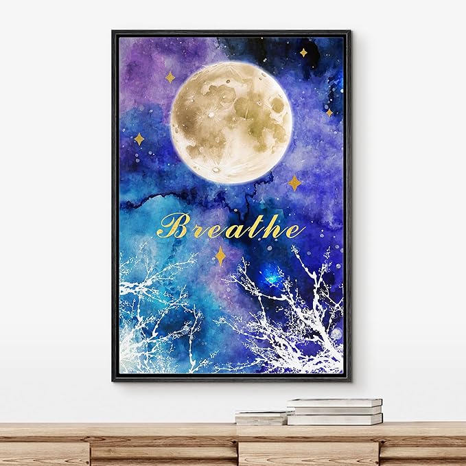 IDEA4WALL Framed Canvas Print Wall Art Breathe Watercolor Galaxy with Harvest Moon Astronomy & Space Sky Illustrations Modern Art Glam Colorful for Living Room, Bedroom, Office - 24"x36" BLACK