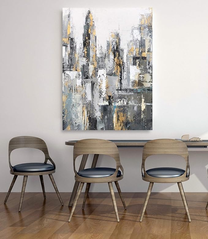 Yihui Arts Modern Abstract Chicago City Canvas Wall Art Painting with Gold Foil Hand Painted Skyline Pictures for Bedroom Decoration