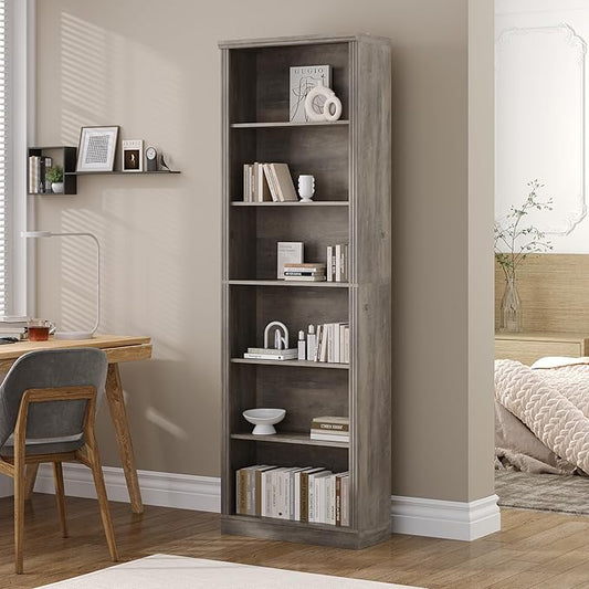 Tall Bookshelf, 6-Tier Bookcase with 2 Adjustable Shelves, Modern Farmhouse Storage for Living Room, Entryway, Office, 23.6" W x 74.8" H x 10.6" D, Grey