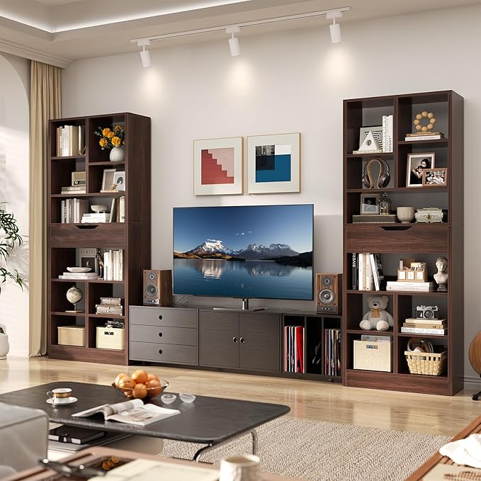 Armocity 8-Tier Tall Bookshelf with Drawer, 73.6" Narrow Freestanding Bookcase, Space-Saving Wood Display Shelves Storage for Living Room, Home Office Bedroom, Black Walnut