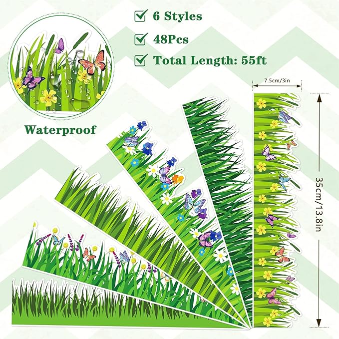 Konsait Bulletin Board Borders Set, 55Ft Green Grass Border for Bulletin Board, Self-Adhesive Butterfly Flower Bulletin Board Border, Bulletin Borders for Classroom Home Office