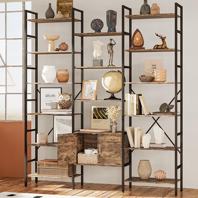 70x78 “ Triple 6 Tier Book Shelf, Industrial Large Bookcase with Storage Cabinet, Tall Bookshelf with 16 Open Display Shelves Metal Frame Furniture for Living Room Bedroom Home Office Brown