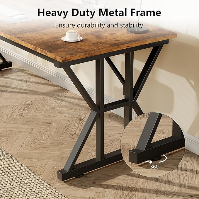 TVU Computer Desk, 55 inch Large Office Desk, Study Writing Table with Thicken Frame, Gaming Desk, Modern Simple Desk for Home Office, Rustic Brown