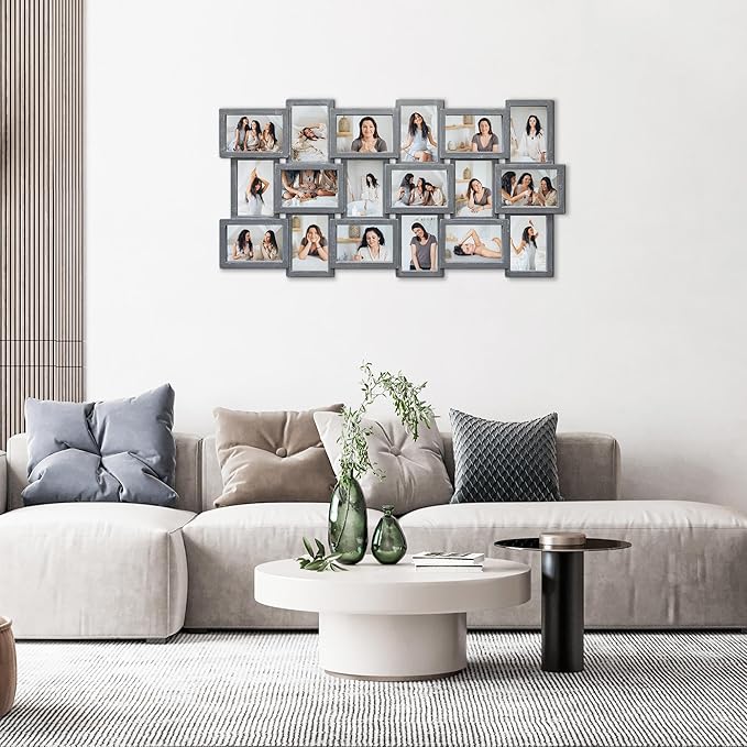 J.M.Deco Collage Picture Frames for Wall Decor, 18-Opening Reunion Family Friends Picture Frame Set, 4 x 6 Photo Frames Collage for Living Room Bedroom, Ashes