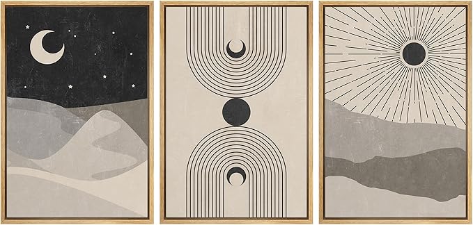 IDEA4WALL Framed Canvas Print Wall Art Set Crescent Moon Shining Sun Tropical Desert Astronomy & Space Nature Illustrations Modern Art Rustic for Living Room, Bedroom, Office - 16"x24"x3 Natural