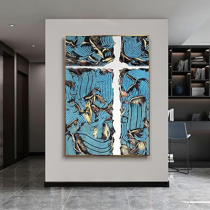 BrightA Blue Lines Large Abstract Canvas Wall Art Extra Large Abstract Wall Art Unique Wall Decor for Living Room Dining Room Hallway Wall Decor 43.3"x63"