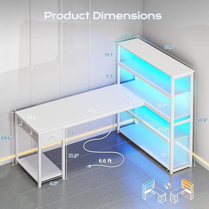 PRAISUN 57 Inch L Shaped Gaming Computer Desk with Larger Open Cabinet, Reverisble Office Desk with Power Outlets, LED Lights, Work Desk, Fabric Drawer, Adjustable Wood and Mesh Shelf, White