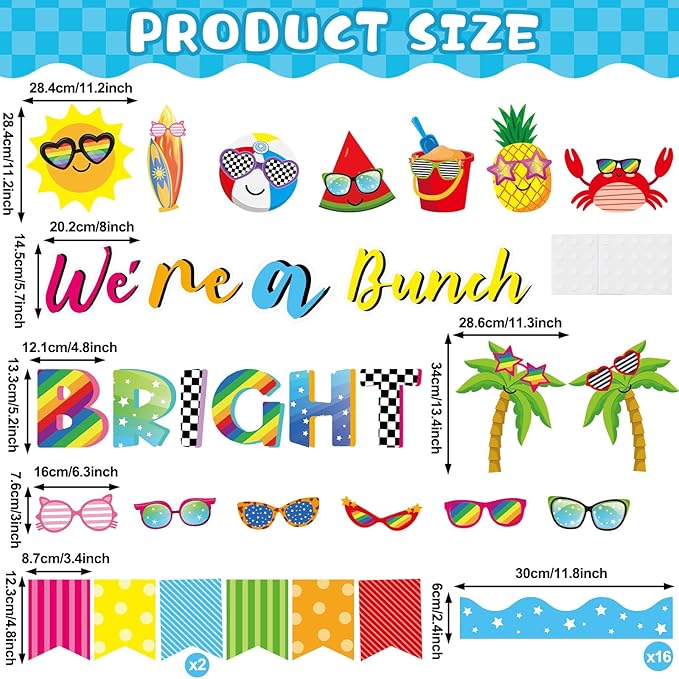 gisgfim Sun Sunglasses Bulletin Board Decorations Summer Hawaiian Paper Cutouts Tropical We’re A Bright Bunch Classroom Bulletin for Back to School Teacher Student Door Wall Chalkboard Decor Supplies