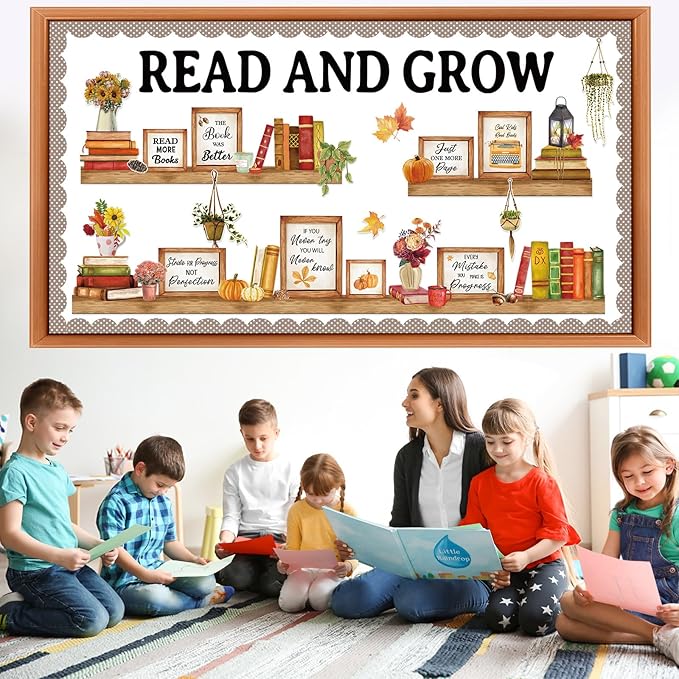 Qilery Bookshelf Bulletin Board Set Read and Grow Motivational Classroom Decor Reading Library Bulletin Board Set Inspirational Cutout for Back to School Classroom Decoration