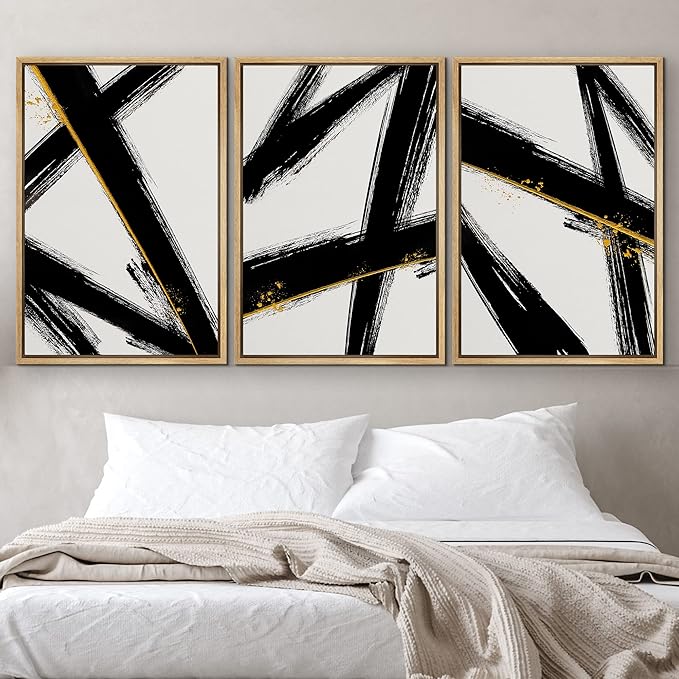 IDEA4WALL Framed Canvas Print Wall Art Set Black Gold Geometric Graffiti Paint Stripes Abstract Shapes Illustrations Modern Art Contemporary for Living Room, Bedroom, Office - 16"x24"x3 Natural
