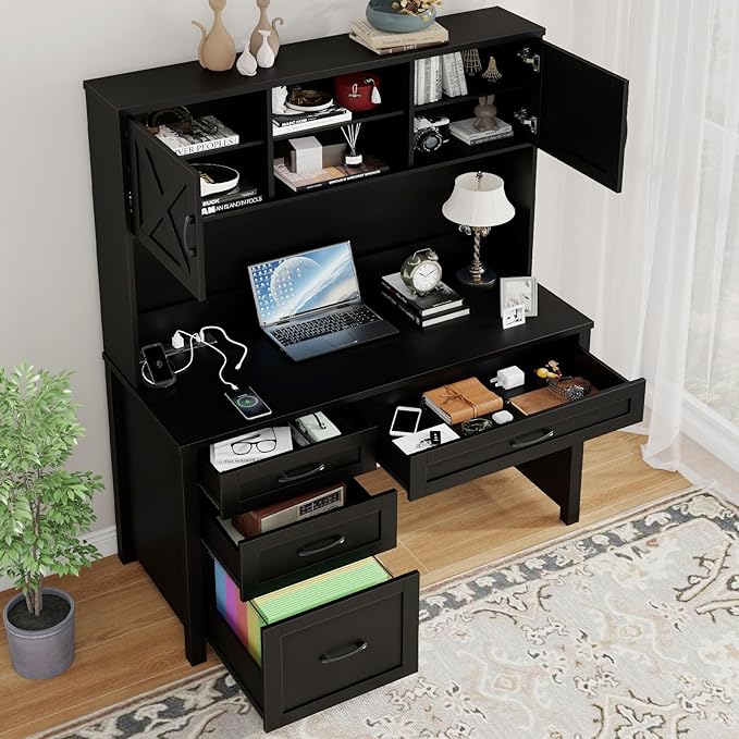 Farmhouse 67" H Executive Desk with Hutch,Computer Desk with 4 Drawers and LED light, Office table with Storage Cabinet & File Drawers and Charging Station,Workstation for Home Office and Study, Black