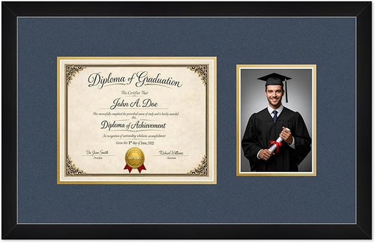 Diploma Frame With Photo Opening Matte Black Navy Blue Over Gold Mat - Fits 10 x 8 Degree and Picture Made in the USA