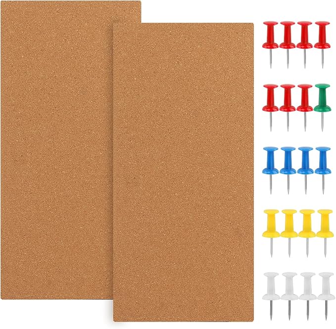 2 Pack Rectangle Cork Boards for Walls,1/2" Thick Cork Tiles with 20 Push Pins,Self-Adhesive Frameless Bulletin Board for School,Home & Office(Size:17x8x0.5 inch)