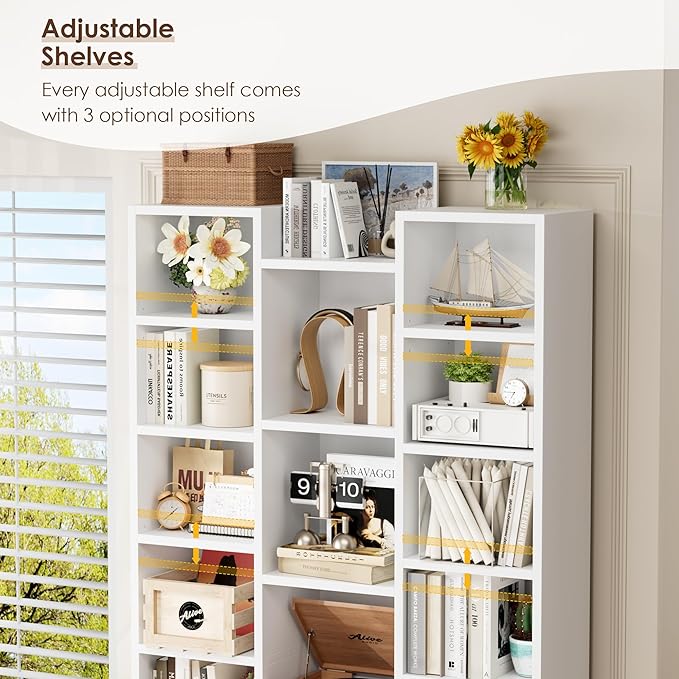 FOTOSOK 71'' White Bookshelf with 21 Cubes, 8 Tier Triple Wide Tall Bookshelf with 8 Adjustable Shelves, 35" Large Bookcase DVD/CD Media Tower Storage, Freestanding Display Shelf Cabinet, White