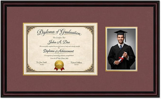 Diploma Frame With Photo Opening Executive Brown Dark Red Over Gold Mat - Fits 11.69 x 8.27 Degree and Picture Made in the USA