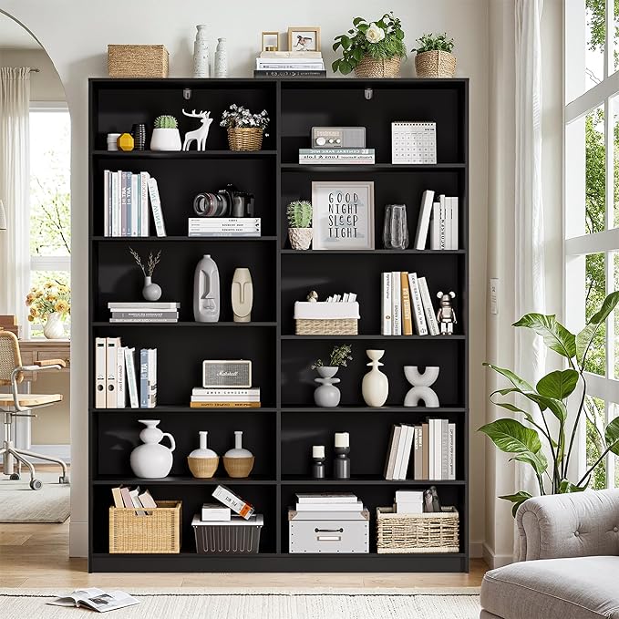 6 Tier Open Shelves Bookcase, Black Book Case with 12 Open Shelves, Freestanding Display Storage Shelves, Home Library Bookcase for Living Room Bedroom Office