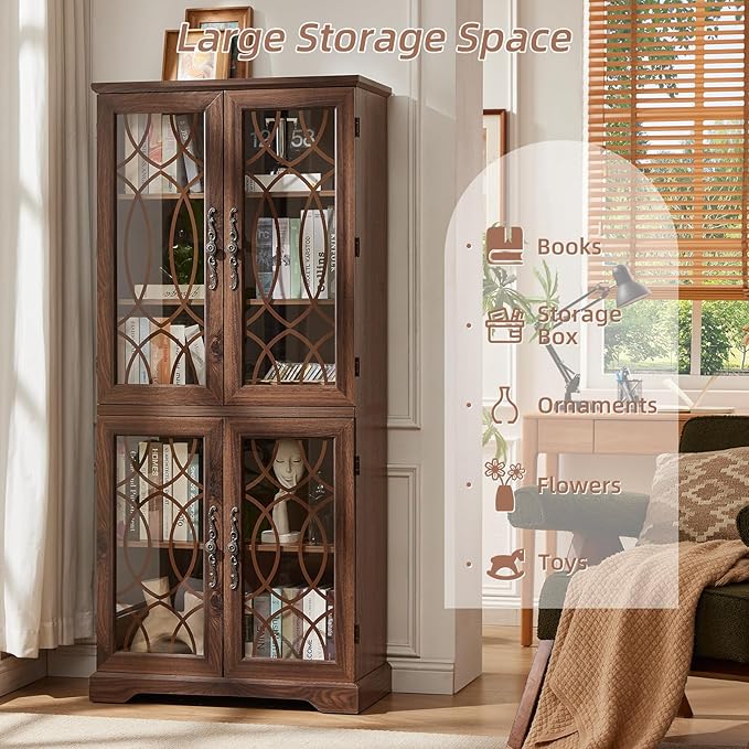 67" Tall Bookshelf, Vintage Book Shelf with Glass Doors, 5-Tier Wood Bookcase w/Adjustable Storage Shelves, Freestanding Rustic Curio Display Cabinet for Living Room, Office, Brown, 2PCS