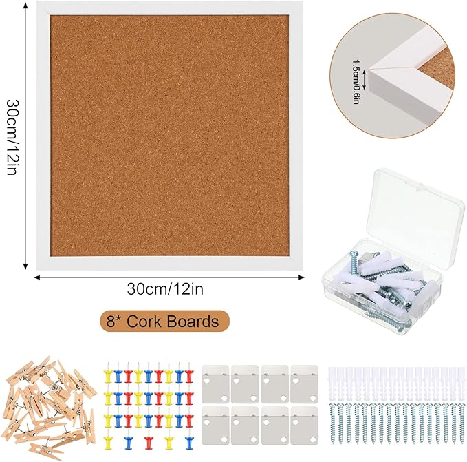Treela 8 Packs Cork Bulletin Board with Frame, Decorative Linen Bulletin Cork Board Small Push Pin with 32 Push Pin 16 Clips for Office Welcome Back to School Wall Home Supplies(White,Square)