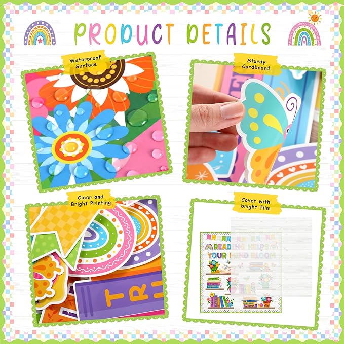 Pasimy Spring Reading Bulletin Board Set, Flower Plant Bookshelf Classroom Decorations Read Themed Paper Cutouts Words of Wisdom Bulletin Board Decor for Elementary School Library Chalkboard Wall