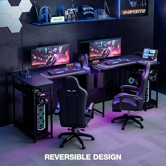Small Gaming Desk with Power Outlets, 40 Inch L Shaped Desks with Reversible Shelves and Storage Bag,Computer Desk Corner Desk PC Desk for Gaming and Home Office Table,Black