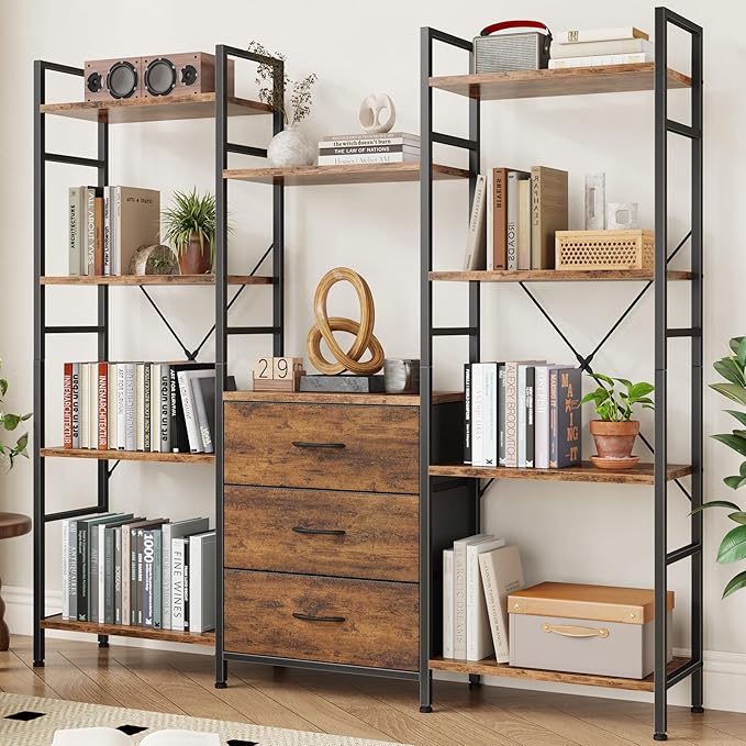 Triple Bookshelf with 3 Fabric Drawers, 4-Tier Book Shelf and 10 Display Shelves, Industrial Large Bookcase for Home & Office, Rustic Brown, 59'' Wide