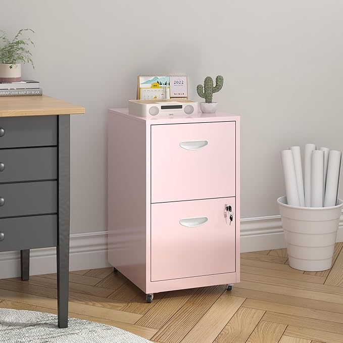 2 Drawer File Cabinet with Lock, Filing Cabinets with Wheels, Rolling File Cabinets for Home Office, Metal Office File Cabinet, for Holding Letters and File Boxes, Assembly Required, Pink
