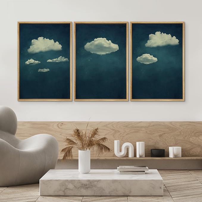 SIGNWIN 3 Piece Framed Canvas Wall Art A Series of White Clouds in The Blue Sky Nature Wilderness Illustrations Abstract Traditional Home Artwork Decoration for Living Room,Bedroom - 24"x36"x3 NATURAL
