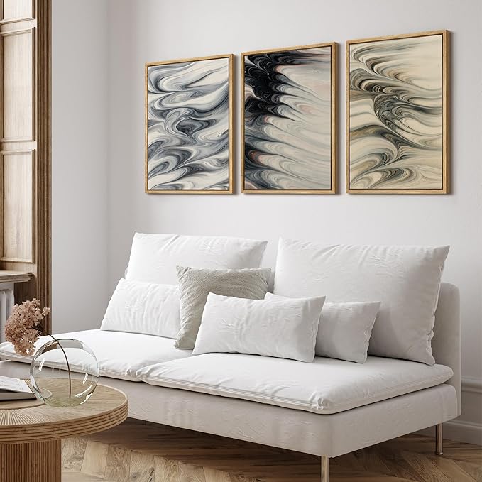 SIGNFORD Framed Wall Art Print Set Neutral Marble Swirl Abstract Elegant Fluid Pattern Digital Art Modern Art Contemporary for Living Room, Bedroom, Office - 24"x36"x3 NATURAL