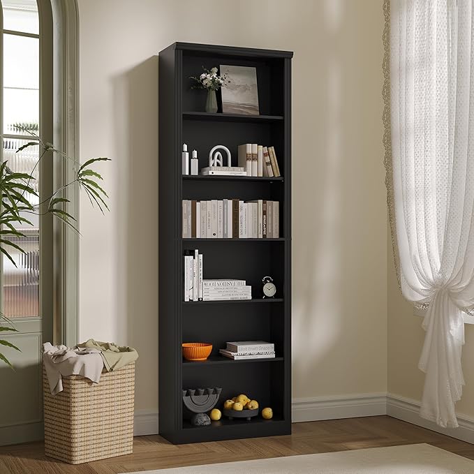 Tall Bookshelf, 6-Tier Bookcase with 2 Adjustable Shelves, Modern Farmhouse Storage for Living Room, Entryway, Office, 23.6" W x 74.8" H x 10.6" D, Black